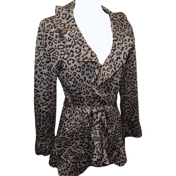 Sandro Studio Black Grey Leopard Print Ruffle Front Belted Jacket Size Medium - Picture 2 of 7